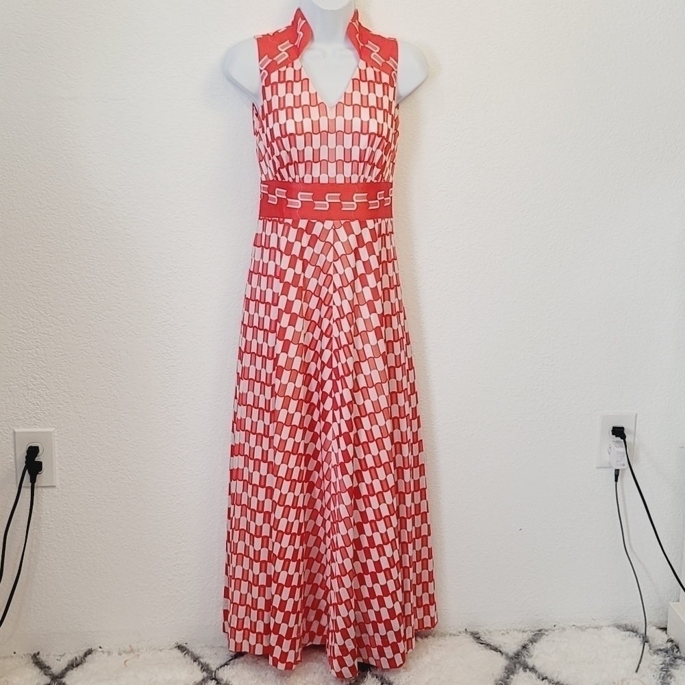 Anli 1960 Vintage Filly Lined A Cut Maxi Orange & White Dress Sz: 9